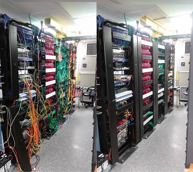 Server room rack row cleanup: Multi-rack row re-organized with vertical cable managers and color-coded patching.