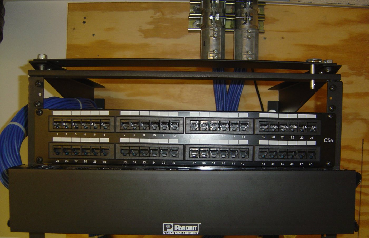 48-port patch panel: Wall-mount rack on plywood backboard with a 48-port panel and cable manager.