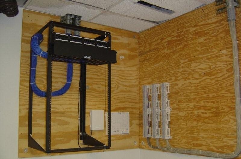 Telecom room build: Backboard, swing rack, voice blocks and conduit entries for a new office.
